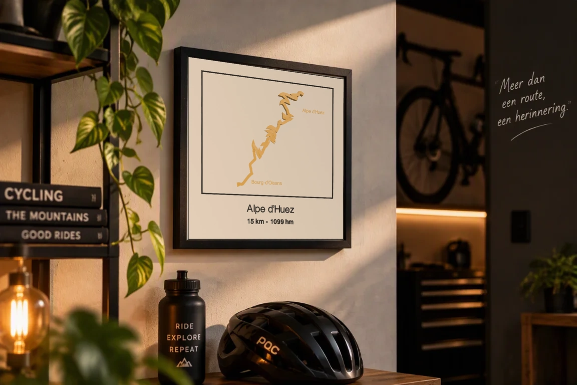 Routepaneel aan de muur met de gouden klim van Bourg-d'Oisans naar Alpe d'Huez, plaatsnamen en hoogtereliëf – 15 km, 1099 hm