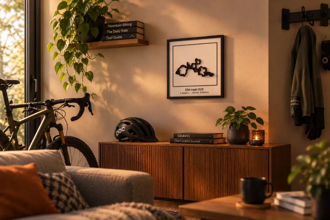 Gezellige fietshoek in warm avondlicht, met routepaneel 'Eifel maart 2026' aan de muur boven een houten dressoir, naast een fiets en fietshelm